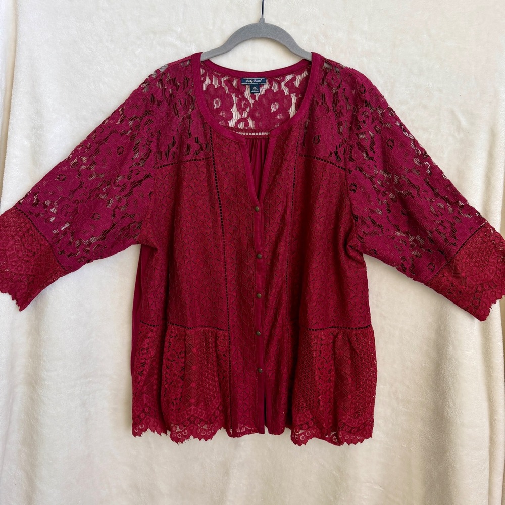 Lucky Brand Burgundy Crochet Lace Trim Button Front Boho Top Womens Plus 2X